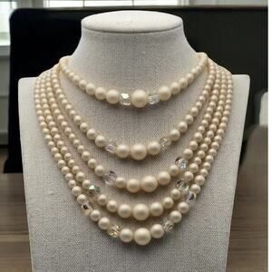 Layered Pearl & AB Crystal Necklace 5 Strand Statement – Bridal Romantic